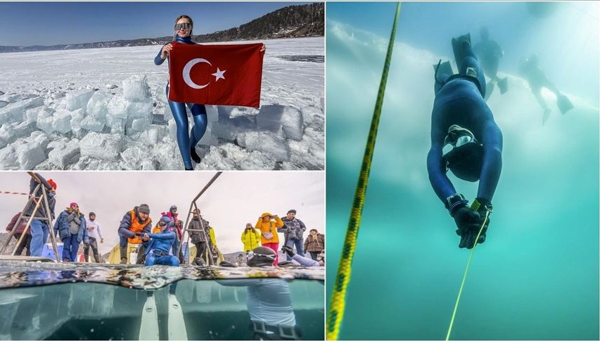 Şahika Ercümen iklim krizi için Baykal Gölü’ne buz altı dalış yaptı