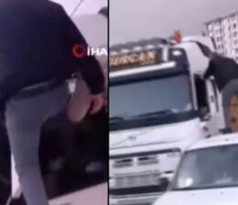 TIR şoförünü arabanın üzerine çıkıp dövdüler