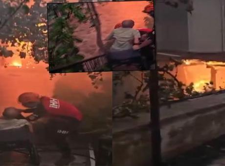 İzmir’de yangın bölgesinden yürek yakan görüntüler! Tekerlekli sandalyedeki yaşlı adam son anda kurtarıldı
