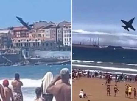 Gösteri az kalsın faciayla bitecekti: Savaş uçağı plajdakilerin üstünden teğet geçti!
