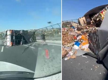 TEM’de kamyon devrildi, trafik yoğunluğu oluştu!