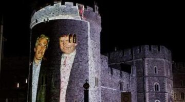 İngiltere’de Trump’a şok karşılama! Kalenin duvarlarına Epstein ile fotoğrafları yansıtıldı